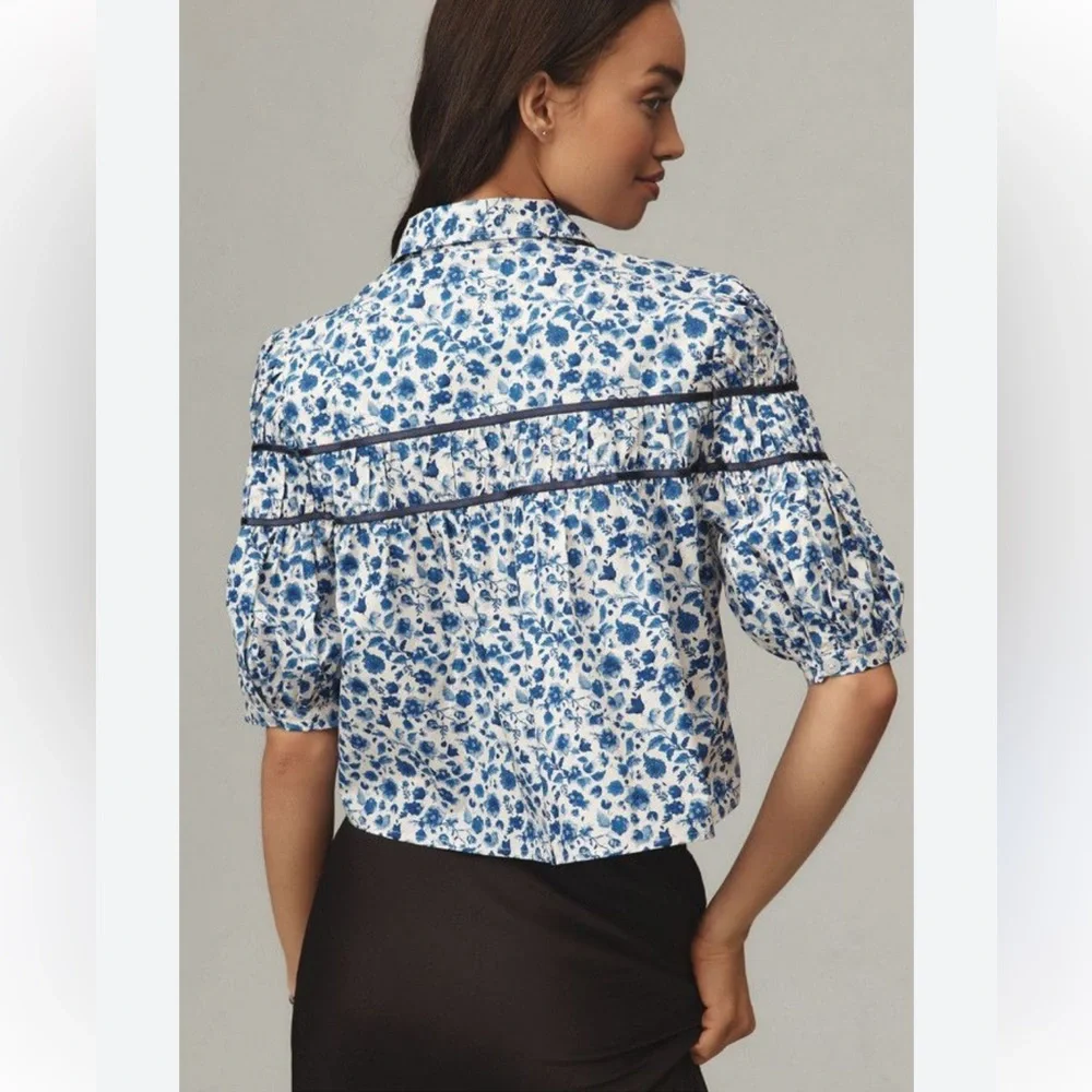 NWT Anthropologie Maeve Leandra Shirred Yoke Shirt Blue White Floral Cotton XL - Picture 2 of 11